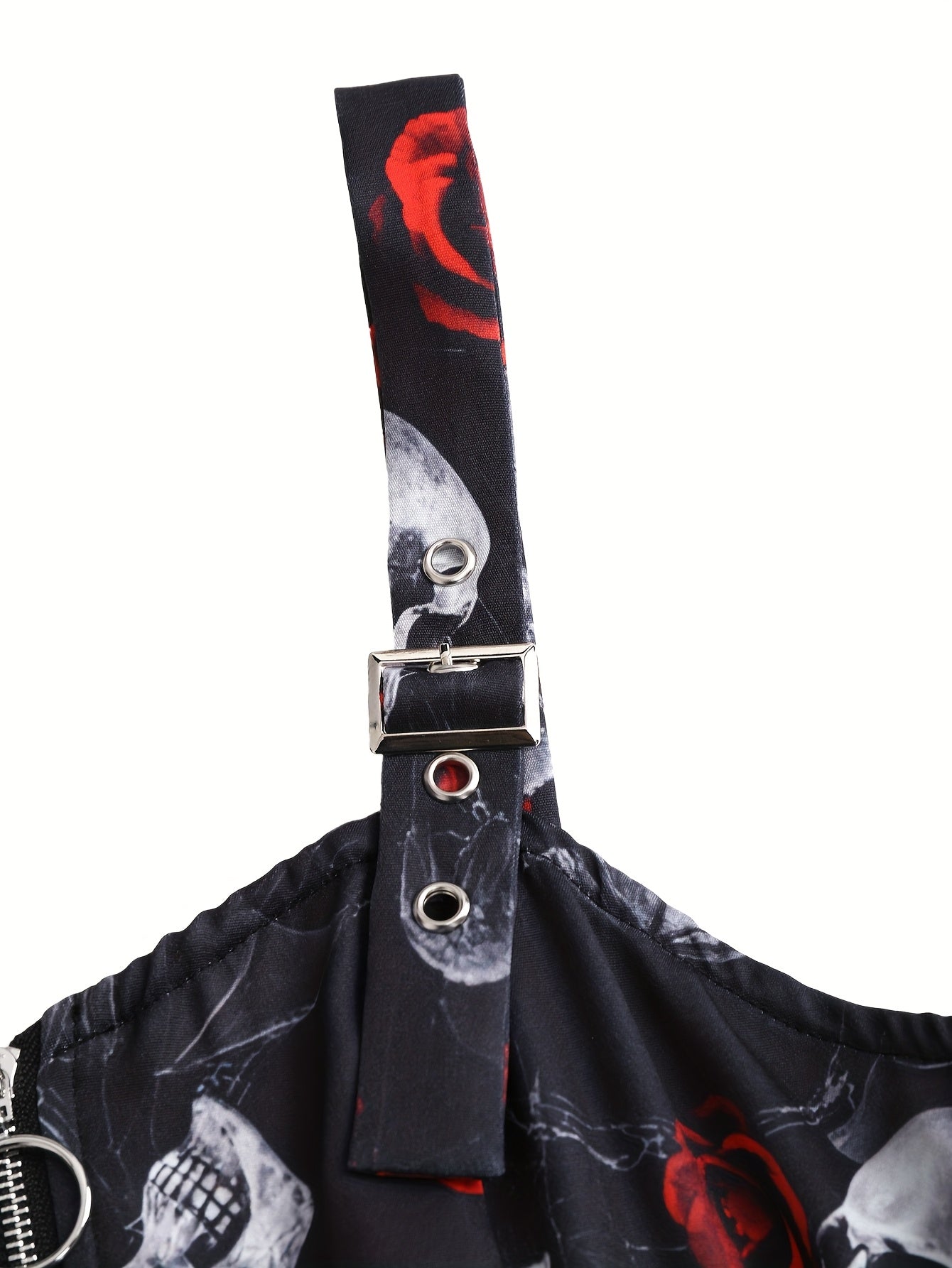[Gothic Rose Midi Dress] Elegant Halloween Women's Gothic Rose Print Midi Dress | Casual Sleeveless A-Line Skirt with Back Zipper and Corset Detail, Black with White Floral Pattern