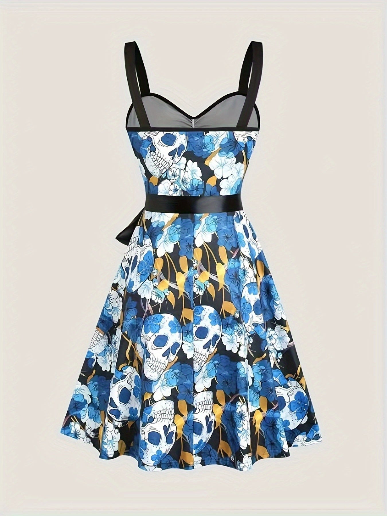 Women'S Floral Skull Print Pleated Bodice Sleeveless Summer Camisole Dress with Belt
