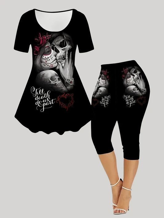 Women's Gothic 2pcs Set - Gothic Skull & Bat Print Short Sleeve Top & Leggings with Heart & Rose Corset Design - Stretchy All-Season Casual Outfit for Themed Parties, Casual Attire - Machine Washable (Spring/Summer) - Black &