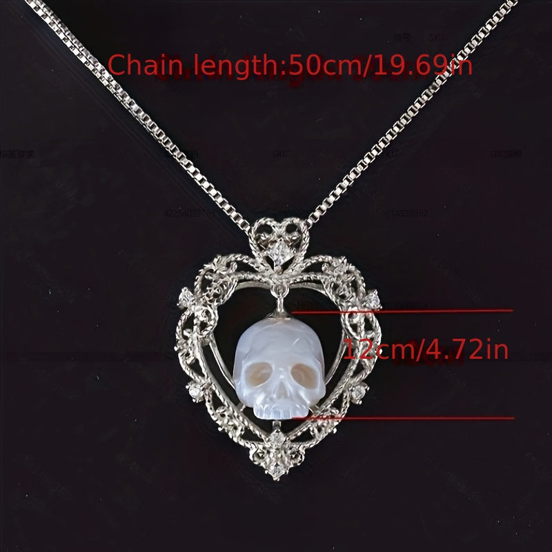 Gothic Skull Carved Imitation Pearl Necklace with Heart and Soul Pendant, 925 Silver-Plated Synthetic Necklace - Valentine's Day Gift for Her or Him