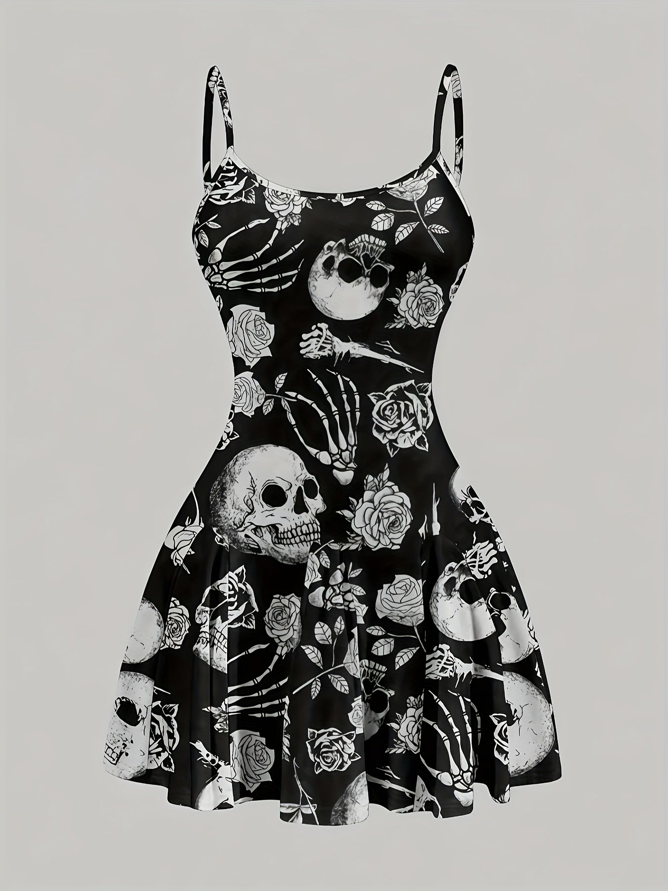 [Y2K Mini Dress] Y2K-Inspired Mini Dress | Black A-Line Summer Dress with Thin Straps, Floral Skull Print - Perfect for Halloween & Casual Outfits