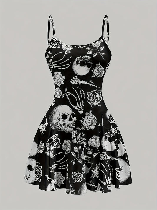 [Y2K Mini Dress] Y2K-Inspired Mini Dress | Black A-Line Summer Dress with Thin Straps, Floral Skull Print - Perfect for Halloween & Casual Outfits