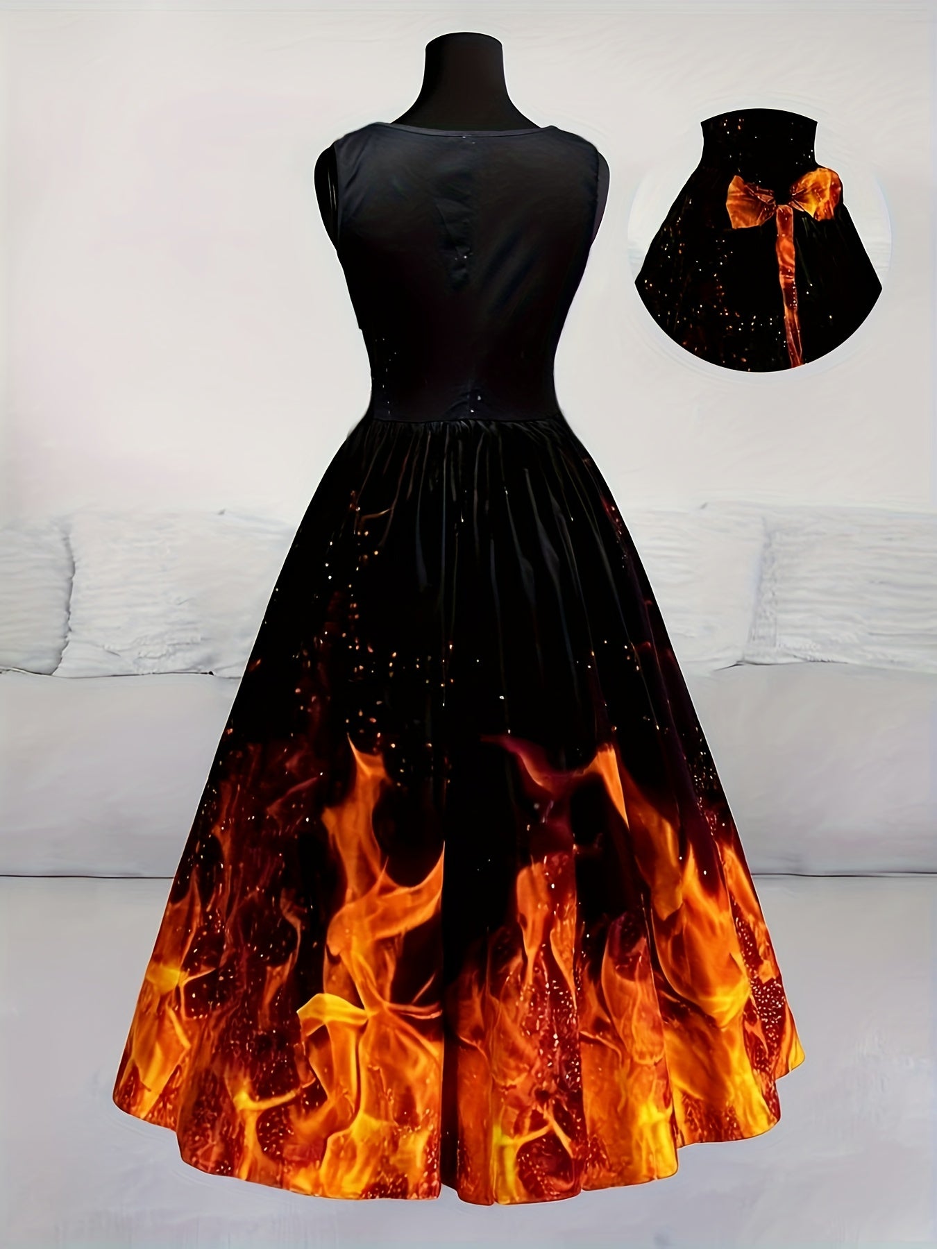 Women'S Halloween Party Dress - Flamingo-like Flame Print in Orange/Red/Black - Formal & Costume Events - Flared Skirt with Waist-Cinching - Retro Gothic Party Outfit for Halloween, Themed Parties - Easy-to-Wear Party Attire,