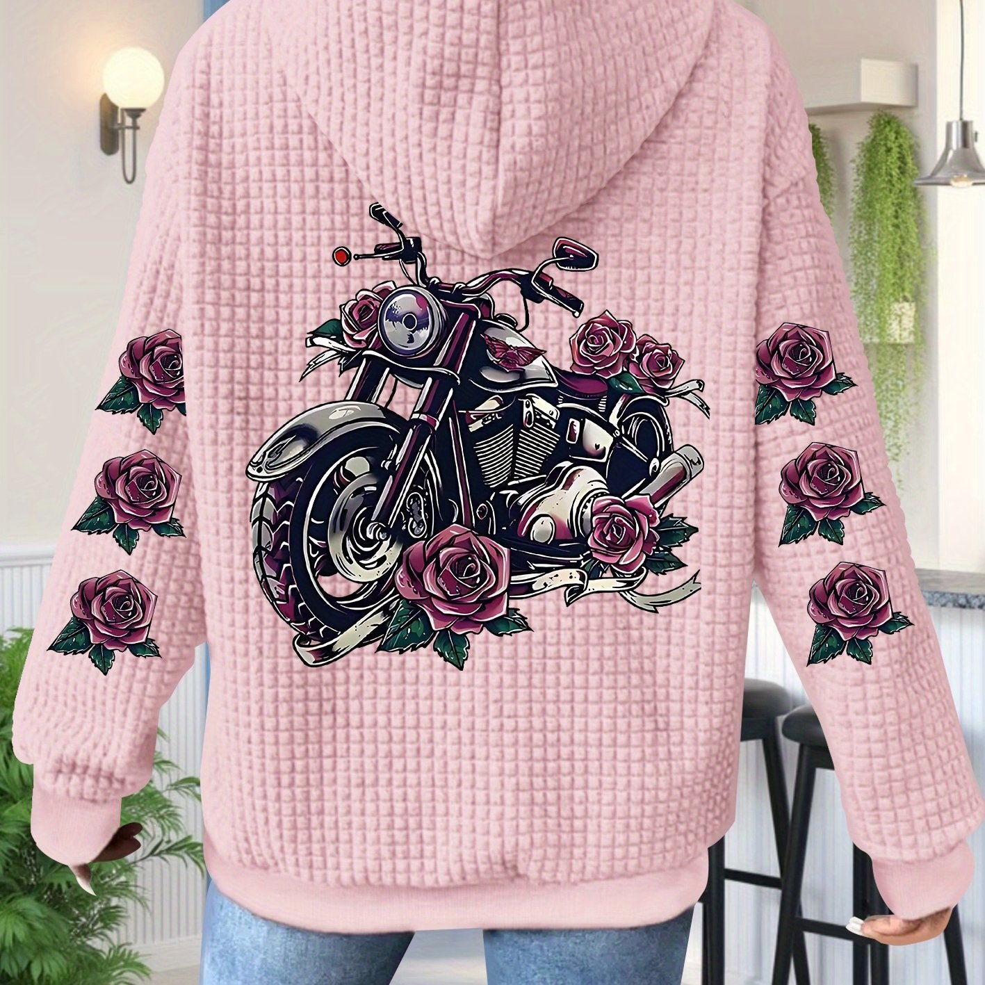 [Floral Motorcycle Hoodie] Polyester Women's Motorcycle & Rose Graphic Zip-Up Hoodie - Black with Pink Floral Accents, Full-Zip Closure Hooded Sweatshirt, Machine Washable Pullover for Everyday & Themed Events, Motorcycle Gea