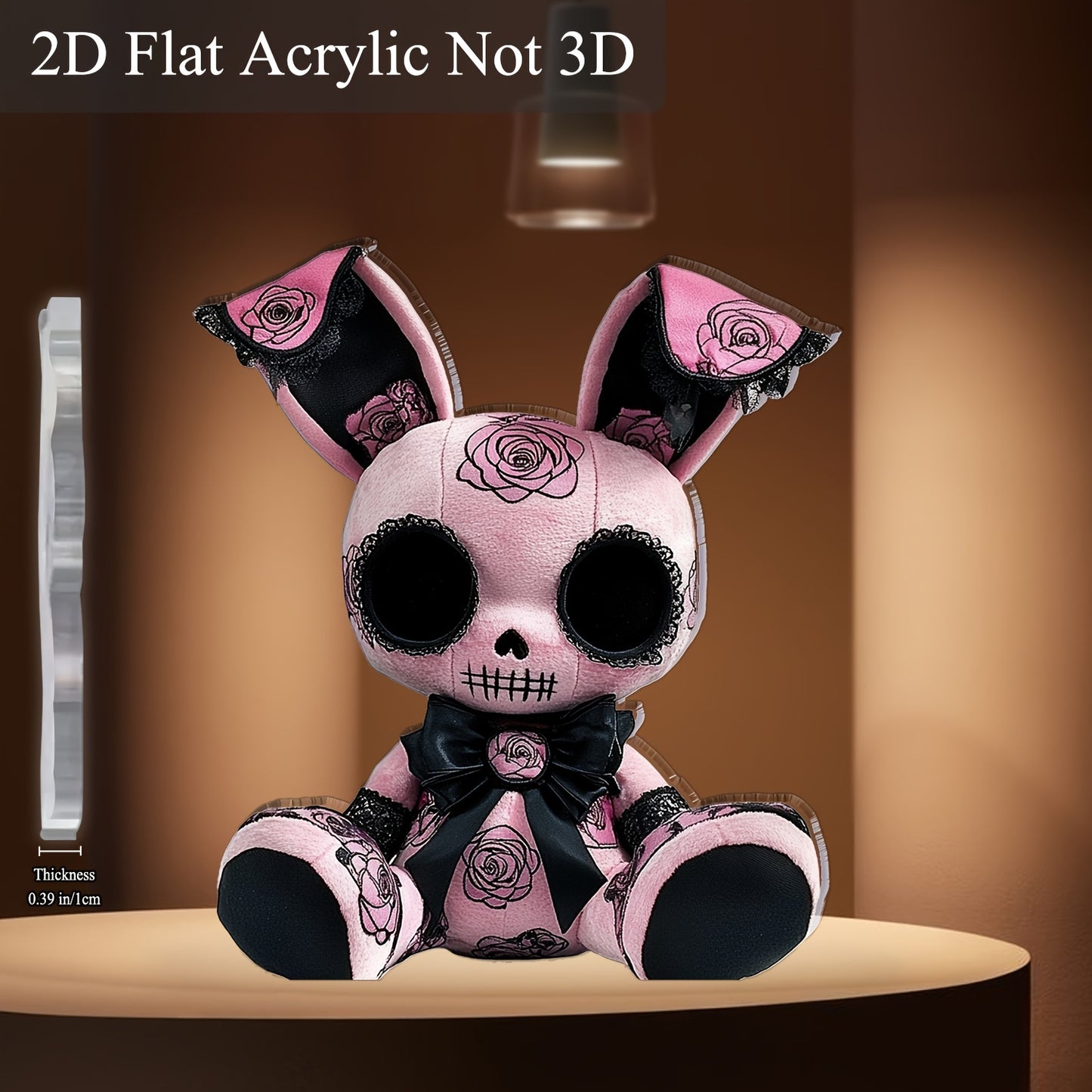 2D Flat, 1pc Gothic Style Bunny Plush Toy Acrylic Desktop Decor - Black & Pink with Rose Accents, 5.91" x 5.11", No Batteries Needed, Perfect for Office, Bar, Cafe, Valentine'S Day, Easter, or Gift for Friends, Cute Decor, Ba