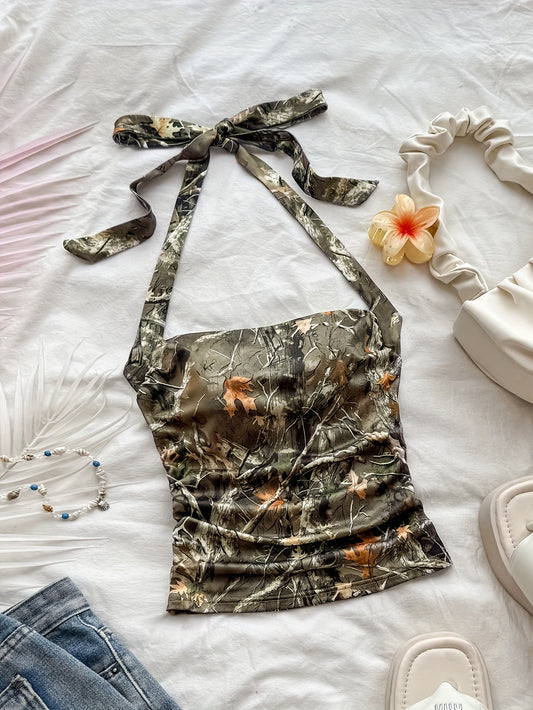 WYWH Women's Y2K Summer Off-Shoulder Camo Tank Top with Adjustable Bow Straps & Ruched Detailing - Breathable Plant Print Vacation Top for Beach, Casual Outings, Summer Tank Tops, Beachwear Essential, Nontransparent Fabric