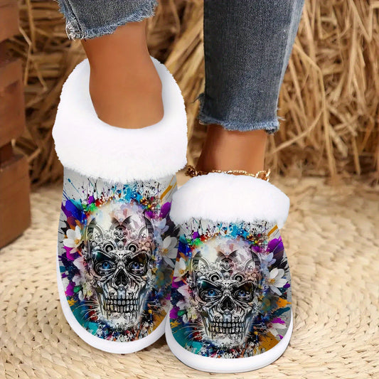 Women's Slip-On House Shoes - Gothic Floral Skull Slipper with Non-Slip Rubber Sole, Soft Indoor/Outdoor Winter Shoes for Halloween, Cold Floors - Machine Washable (Black/White Base with Color Splash Floral) - Ideal Gift for
