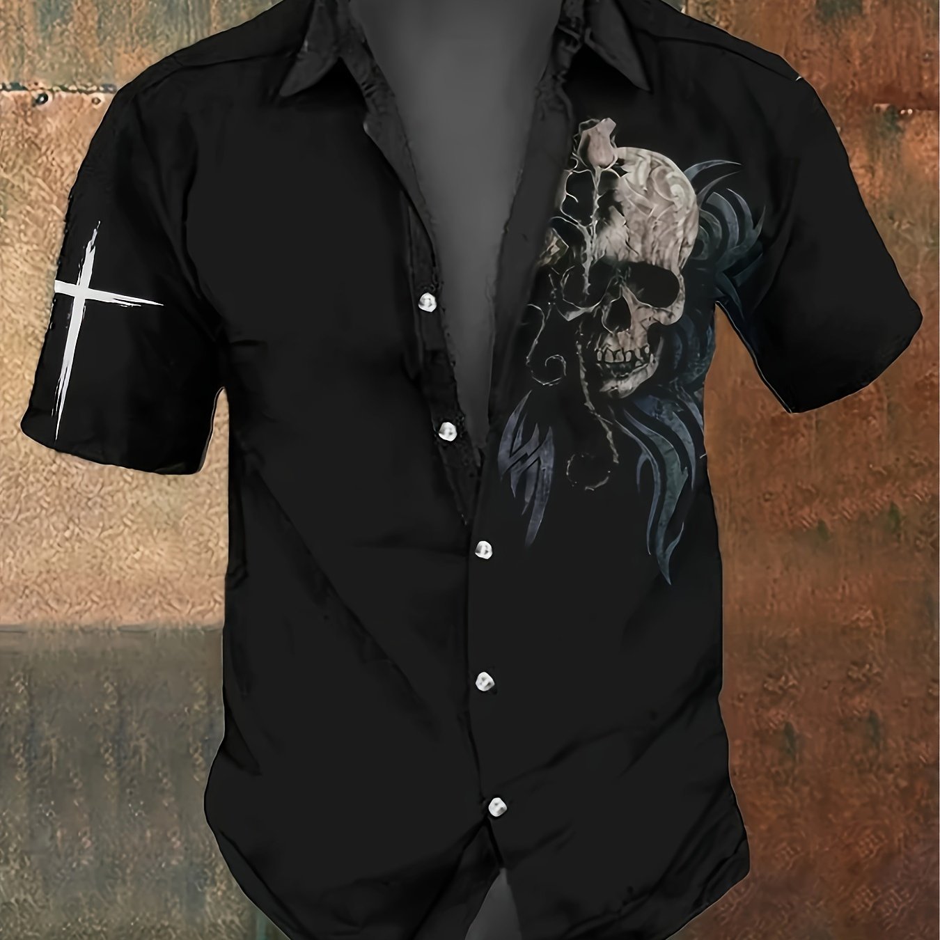Men's Gothic Shirt - Lightweight Button-Up with Chest Crossbones Graphic, Formal-like Collar - Easy-Care Hand Wash - Perfect for Halloween, Costume Parties, Everyday Gothic Outfits - Edgy Casual Blends Formal & Streetwear Sty