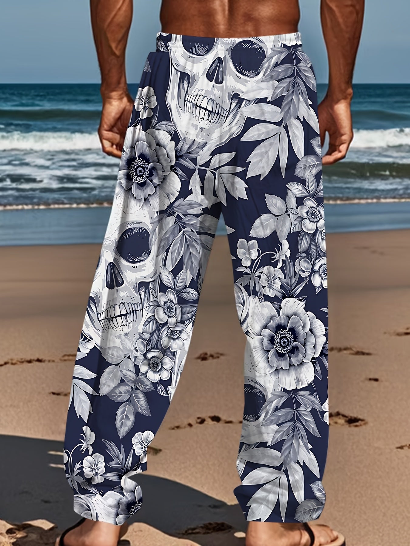 [Skull Print Joggers] Black Golden Skulls Men's Loose Fit Joggers | Comfortable Retro Style, Straight Leg, Drawstring Waist, Casual, Fall & Winter Comfort Wear