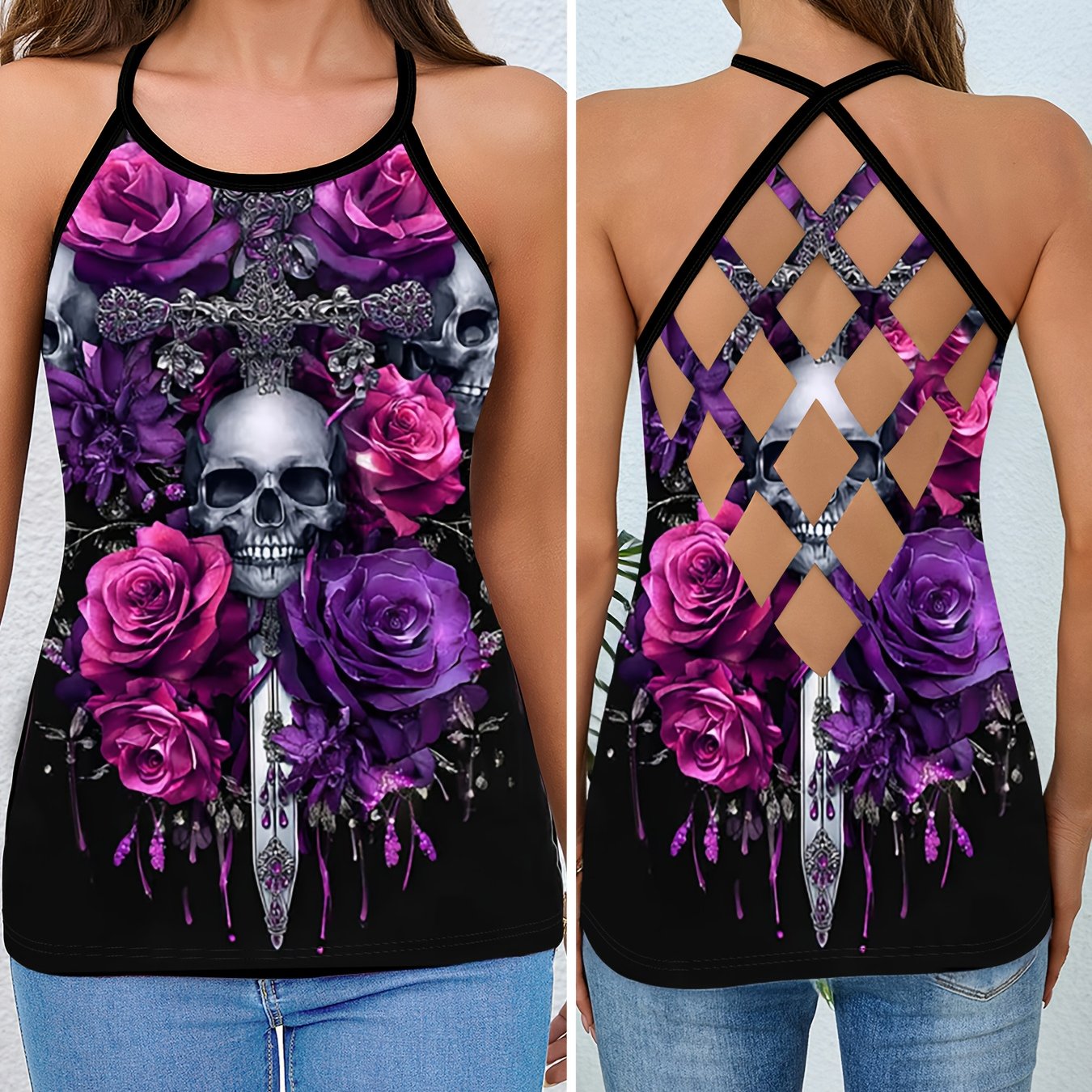 [Halloween] Women's Gothic Crossed Skull & Roses Backless T-Shirt - Edgy Halloween Party Top with Crisscross Strap, Non-See-Through Fabric for Costume Events, Everyday Gothic Outfits - Year-Round Dark Aesthetic Tee, Goth T Sh