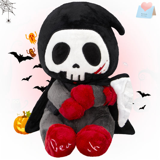 10" Otto Reaper Plush Toy, Halloween Skull Grim Reaper Stuffed Animal with Black Cape And Detachable Reaper Scythe, Funny Doll Skull Death Plushies Holiday Plush Toy Doll, Halloween Decor, Spooky Decor, Holiday Decoration, Go