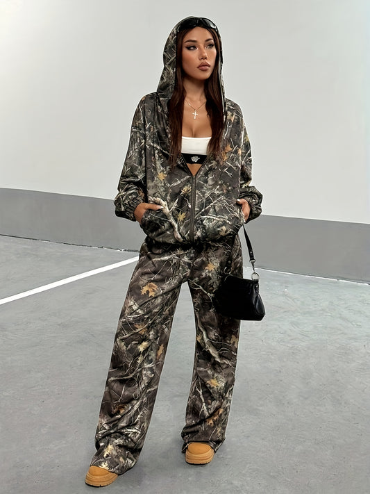 Y2K Women's Autumn-Winter Retro Leaf Print Hooded Loose Sweatshirt Two-Piece Set