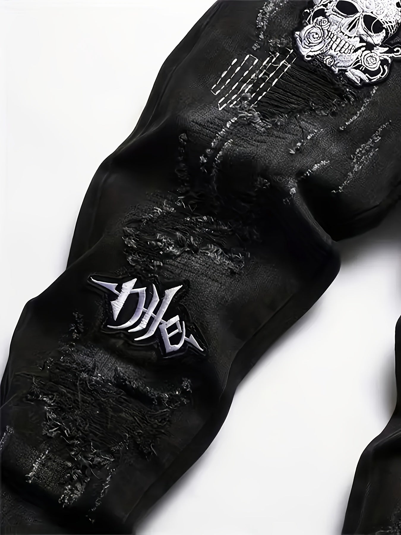 Men'S Streetwear Embroidered Distressed Straight-Leg Jeans - Slim Fit, Washed Denim with Skull & Crossbones Design, Zipper Fly, All-Season Casual Wear, Streetwear Jeans | Edgy Streetwear | Detailed Embroidery