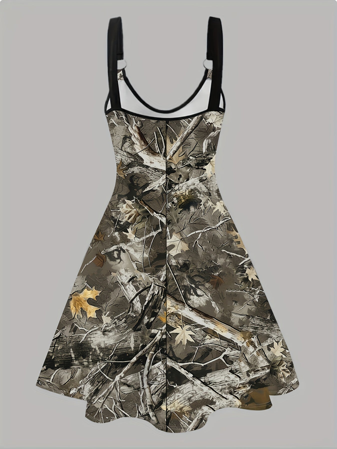 Women'S Elegant Camouflage Pinafore Dress with Golden Maple Leaf Print, Sleeveless, Round Neck, Summer Fashion, Adult Fashion