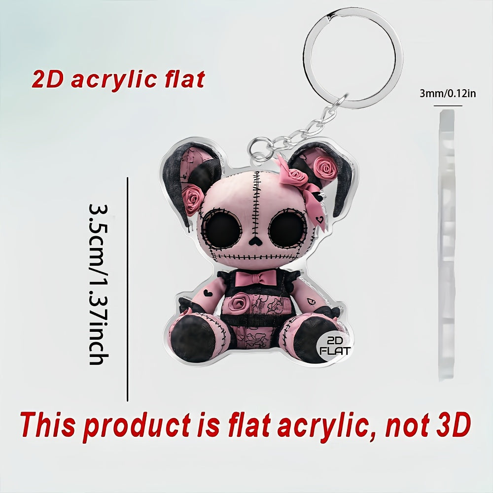 2D Flat, 1pc Gothic Plush Bear Keychain - Pink & Black Gothic Charm with White Eyes, Nose & Mouth - Cute Bag Accessory, Birthday/Valentine's Gift for Girls, Women, Kawaii Collectors - Soft Plush Pendant with Black & White Str
