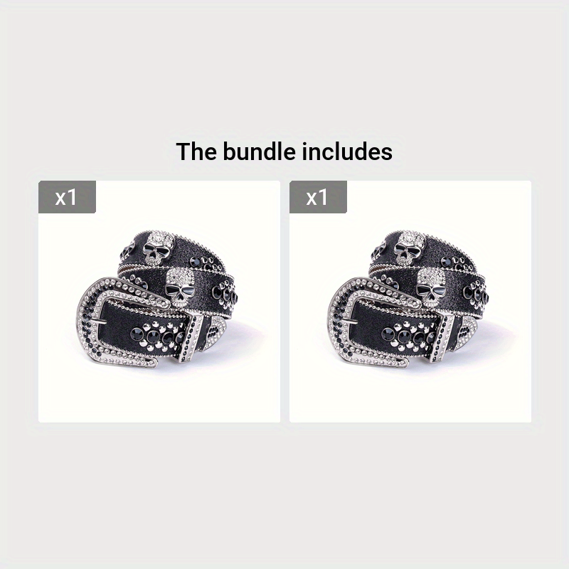 YIQIFEFA Punk Rhinestone & Stud Skull Belt for Women - Sparkling Black PU Western Cowboy Style Belt with Metallic Accents, Casual Outing to Party Accessory, Evening Accessory, Edgy Fashion Accessory, Stylish Craftsmanship, Al