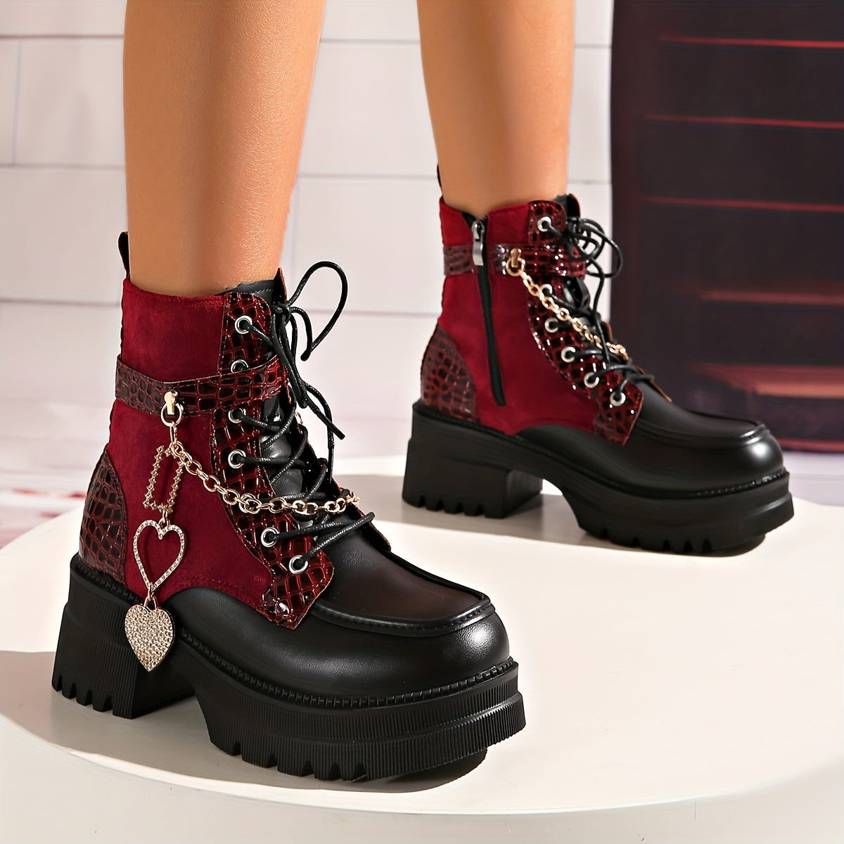 Women'S Chunky Platform Ankle Boots with Heart Metal Chain Accent - Red & Punk Style Zipper Closure, Thick Platform Heel, Synthetic Cover Upper & Rubber Sole