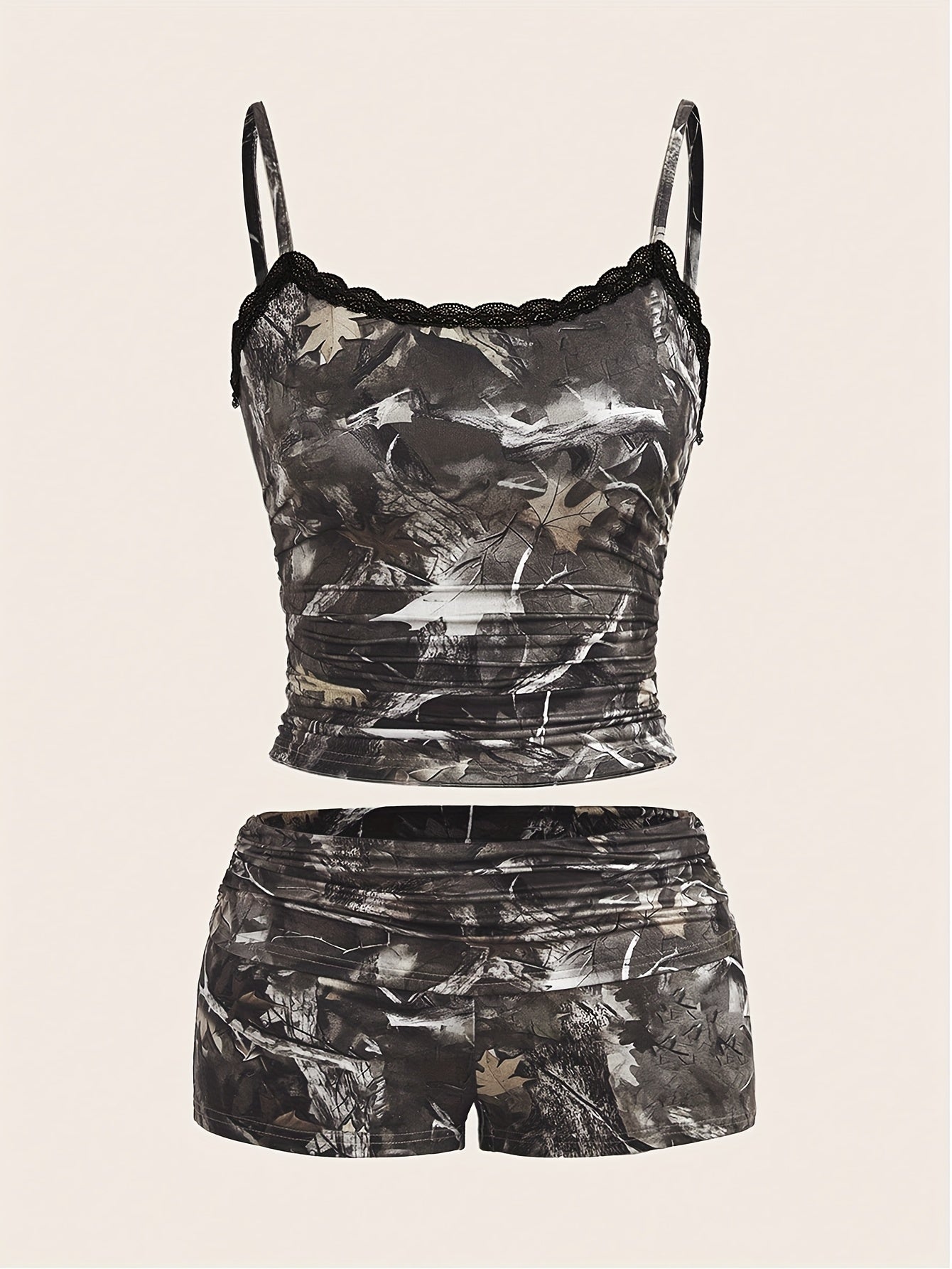 Camouflage Print Cami Top and Ruched Waist Shorts - High Stretch Polyester Blend, Spaghetti Straps, All-Season Wear