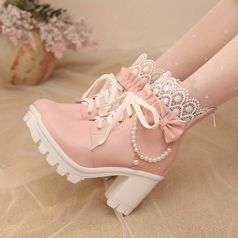 [Winter Chunky Heel Boots] Women's Winter Chunky Heel Gothic Lace-Up Ankle Boots | Japanese/Korean Fashion Faux Cover Round-Toe Short Boots with Thick Platform Sole, Zipper Closure & Heart Bow Buckle, Soft Fabric Lining - Cut