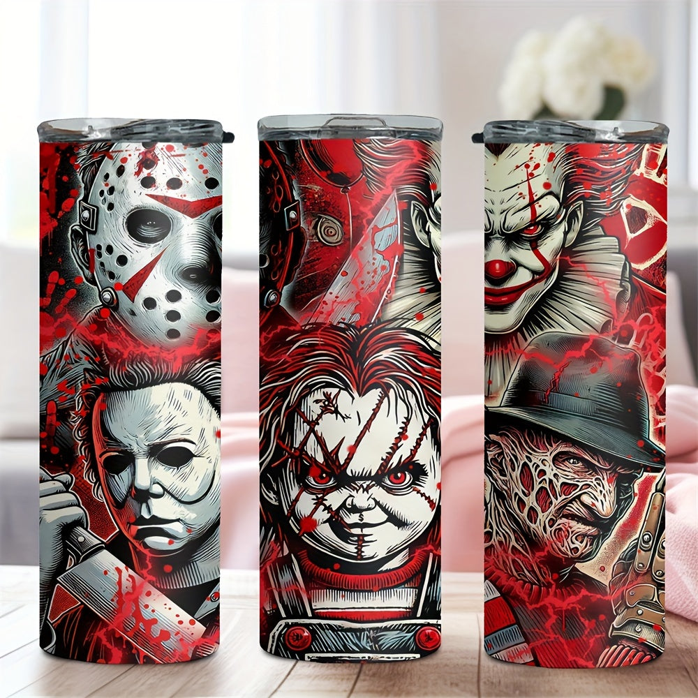 20oz Stainless Steel Tumbler with Horror Movie Characters, Insulated Travel Mug for Coffee, Beer, Drinks - Leakproof, Rust Resistant with Straw, Ideal for Halloween Party Gift - No Assembly Needed