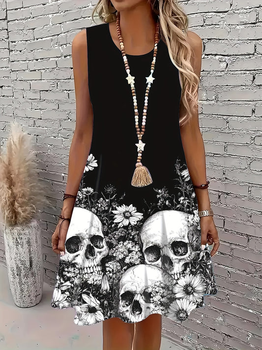 [Gothic Skull Dress] Gothic Skull Print Party Dress - Women's Sleeveless Halloween Costume, Lightweight Stretchy A-Line Skirt, Non-See-Through Fabric, Machine Washable Gothic Outfit (Plus Size Available) - Perfect for Hallowe