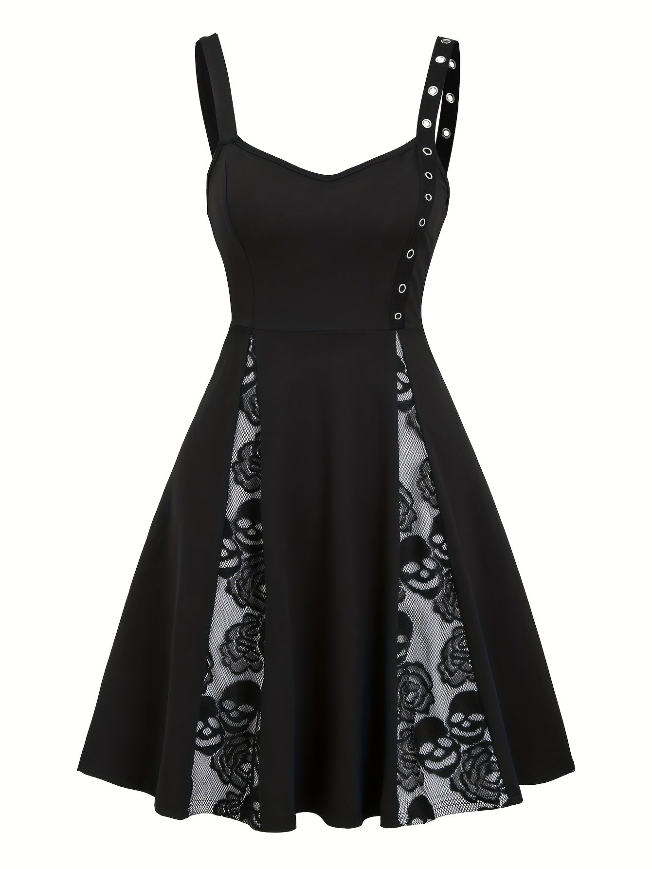 Elegant Off-Shoulder Black Dress with White Lace Panel & Skull Detail - Vintage-Inspired, Stretchy Polyester Blend, Machine Washable - Perfect for All Seasons