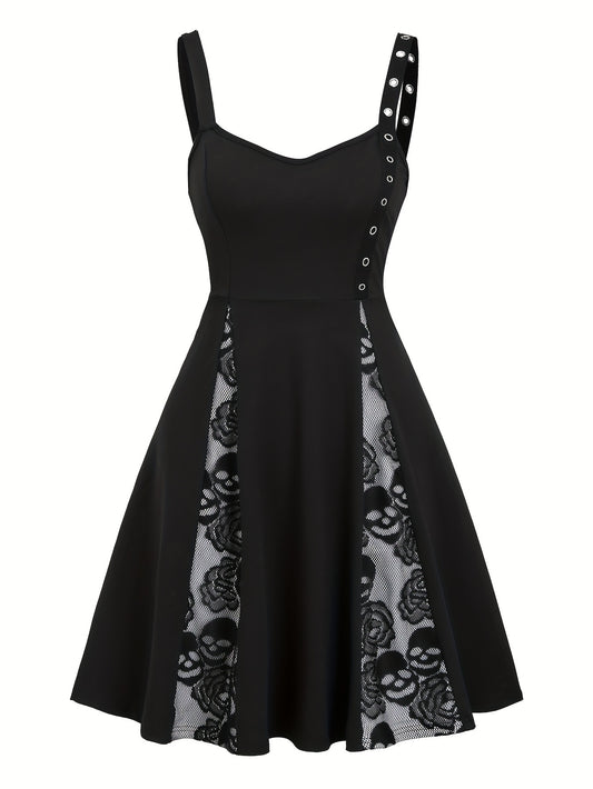 Elegant Off-Shoulder Black Dress with White Lace Panel & Skull Detail - Vintage-Inspired, Stretchy Polyester Blend, Machine Washable - Perfect for All Seasons