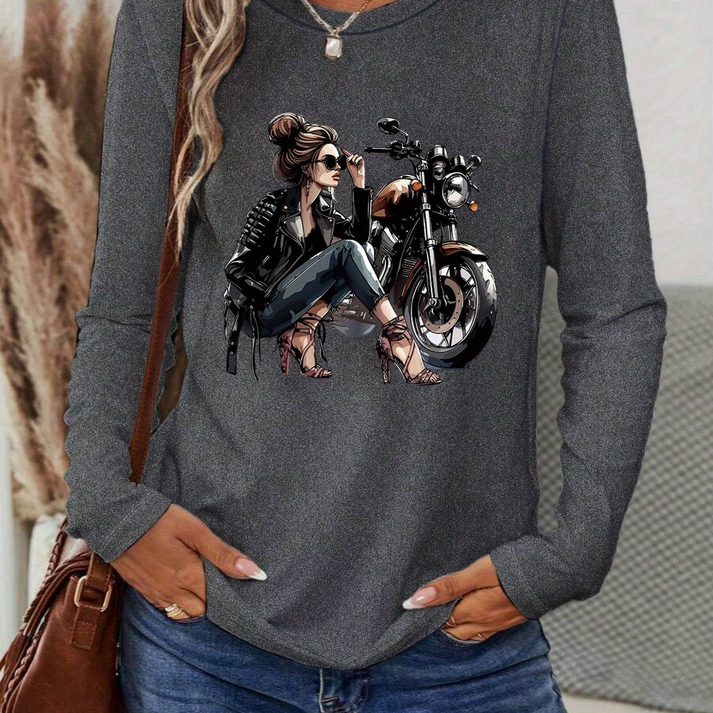 [Vibrant Yellow T-Shirt] Vibrant Yellow Women's Motorcycle Graphic Long Sleeve T-Shirt | Casual Round Neck Spring Summer Top with Geometric Print, Machine Washable, Relaxed Fit, Durable