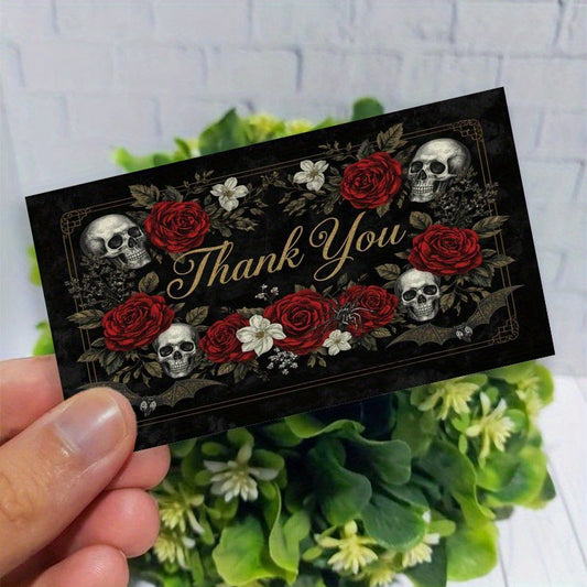 100pcs Gothic Skull Rose Thank You Cards - Elegant Black & Red Floral Design with "Thank You" Message, Perfect for Halloween, Business, and Thank You Notes - Ideal for Adults and Teens, Halloween Decorations