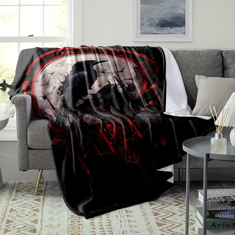[1pc Gothic Crow Blanket] 1pc Gothic Crow Pattern Flannel Blanket | Halloween Gift Blanket for Family and Friends, Midday Nap Blanket, Throw Blanket, Sofa Blanket, Camping and Travel Multi-purpose