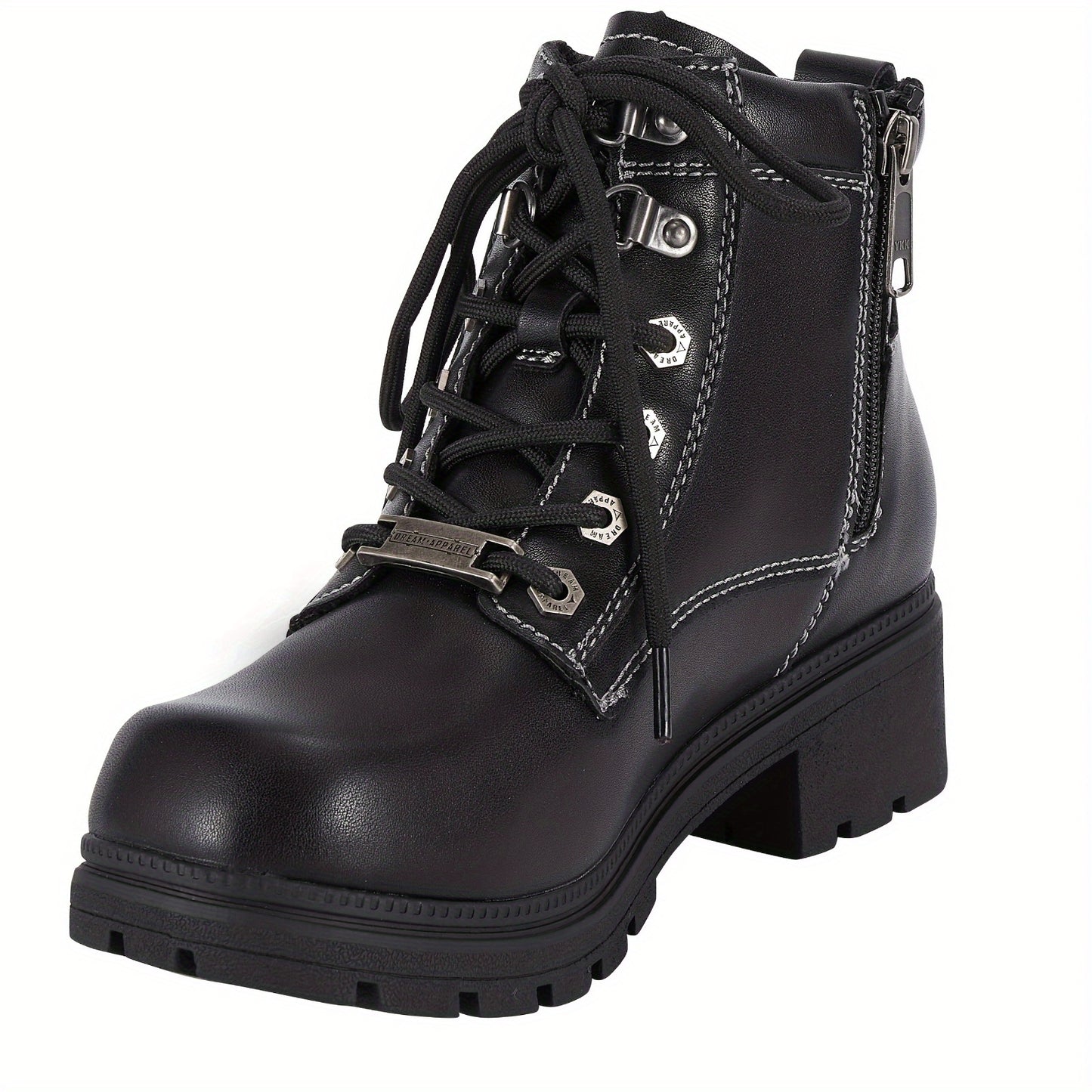 [Womens Low Heel Biker Boots] Black Faux Leather Womens Lace Up Motorcycle Riding Boots | Side Zipper, Ankle Booties, Biker Boots, Combat Boots For Ladies With Low Heel, Non-Slip, Square Toe, For All-Season Riding Shoes