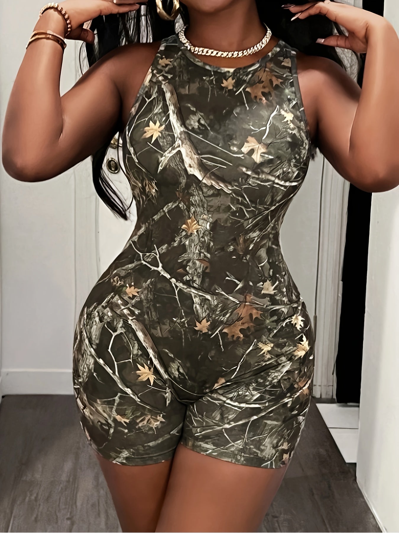[Women's Jumpsuit] Women's Jumpsuit - Non-See-Through Outfit, Machine Washable, for Parties, Everyday & Formal Events - Spring/Fall/Summer Casual to Formal Attire, Party Attire, Natureinspired Print, Stretchy Fabric, Spring F