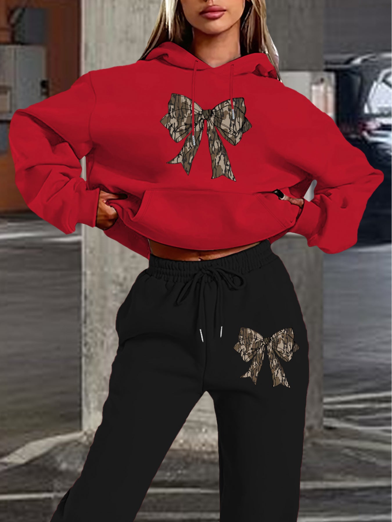 2024 Women's Navy Blue Hoodie & Jogger Set with Camo Bow Detail - Casual Long Sleeve, 100% Polyester Outfit, Machine Washable, Perfect for Fall/Winter