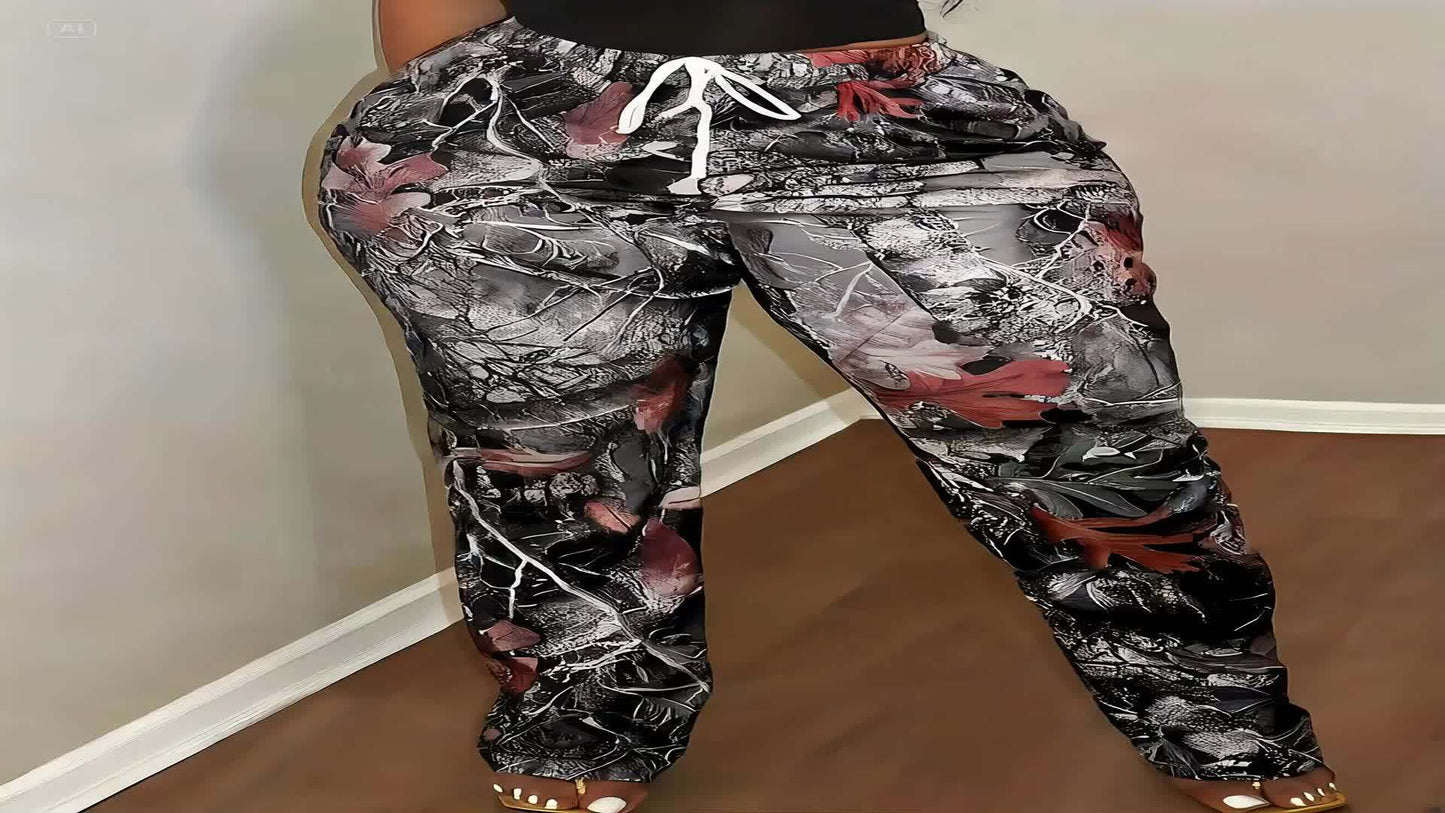 Sexy High-Waist Chic Camo & Branch Print Skinny Pants for Women - Stretchy Polyester Blend, Machine Washable, Slimming, European And American Style