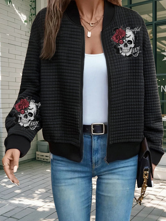 Women'S Gothic Chic Jacket - Black with Rose Skull Print, Baseball Collar Zip-Up Coat, Machine Washable Polyester Jacket for Everyday & Halloween Outfits - Edgy Outerwear, Halloween Clothes, Allseason Wear, Waffle Texture, Du
