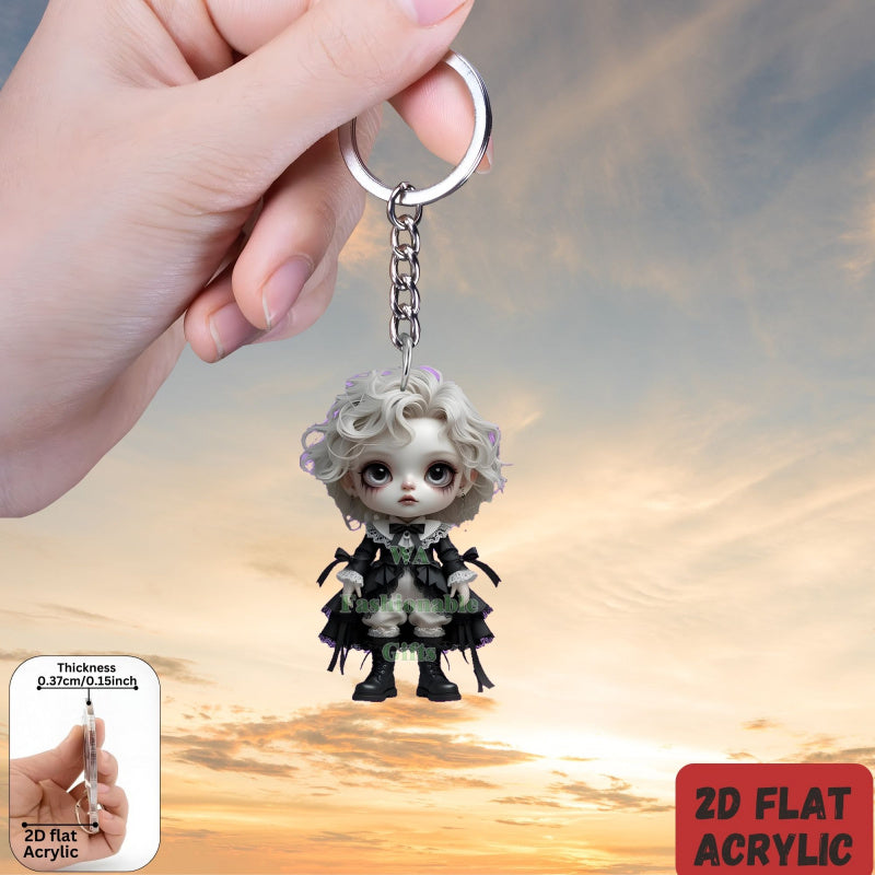 2D Flat, 1pc or 6pcs Gothic Horror Doll Keychain - Cute Gothic with Expressive Eyes, Flat 2D Flat Design with Black Hair & White Face Paint - Compatible with Backpacks, Cars, Phones, Keys - Spooky Accessory for Halloween, Chr