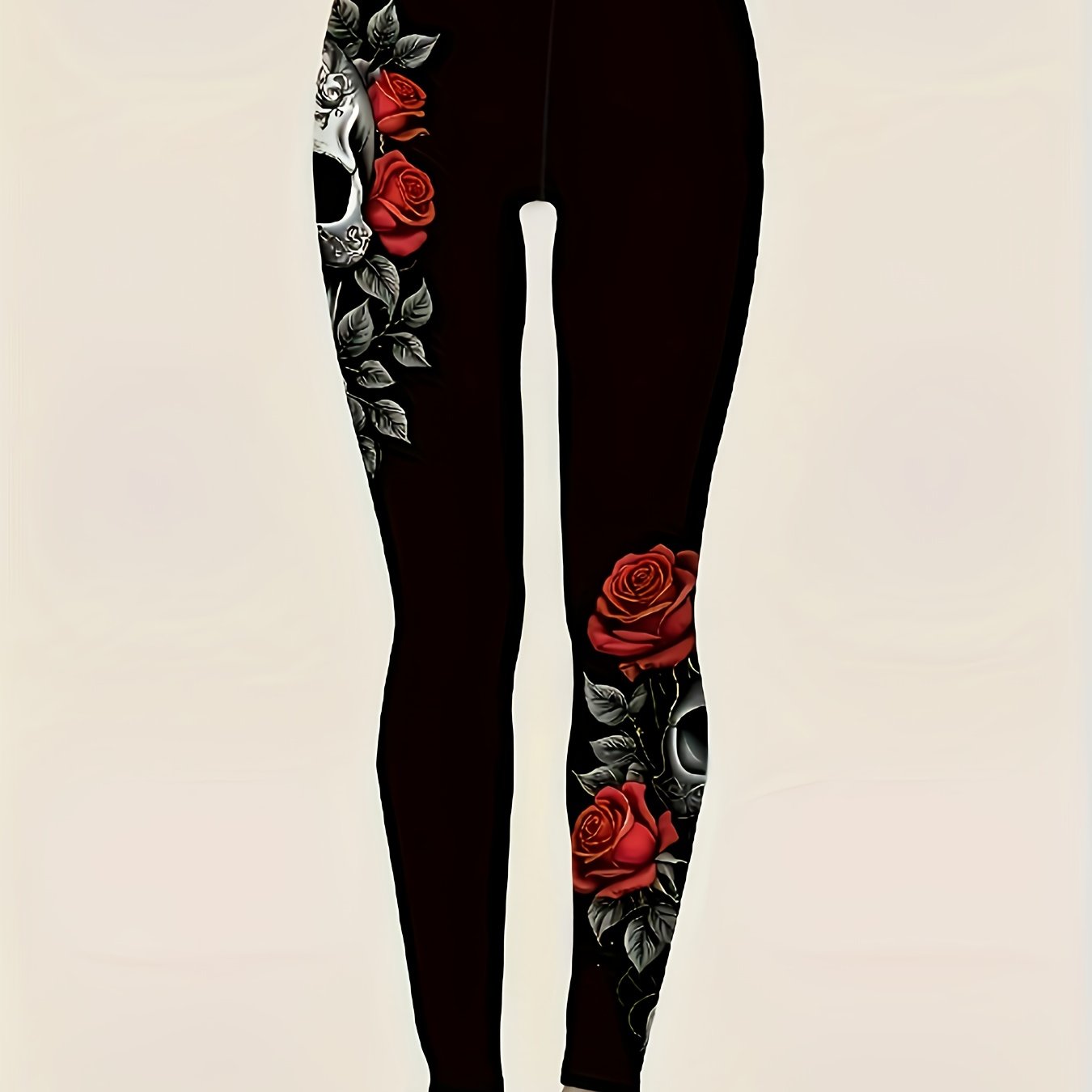 Women'S Halloween Leggings - Black with Red Roses, Stretchy Non-Slip Pants for Halloween Party Outfits, Costume Events & Casual Attire - All-Season Tight Fit Pants, Halloween Clothes, Festive Attire, Vintage Style, Durable Ma
