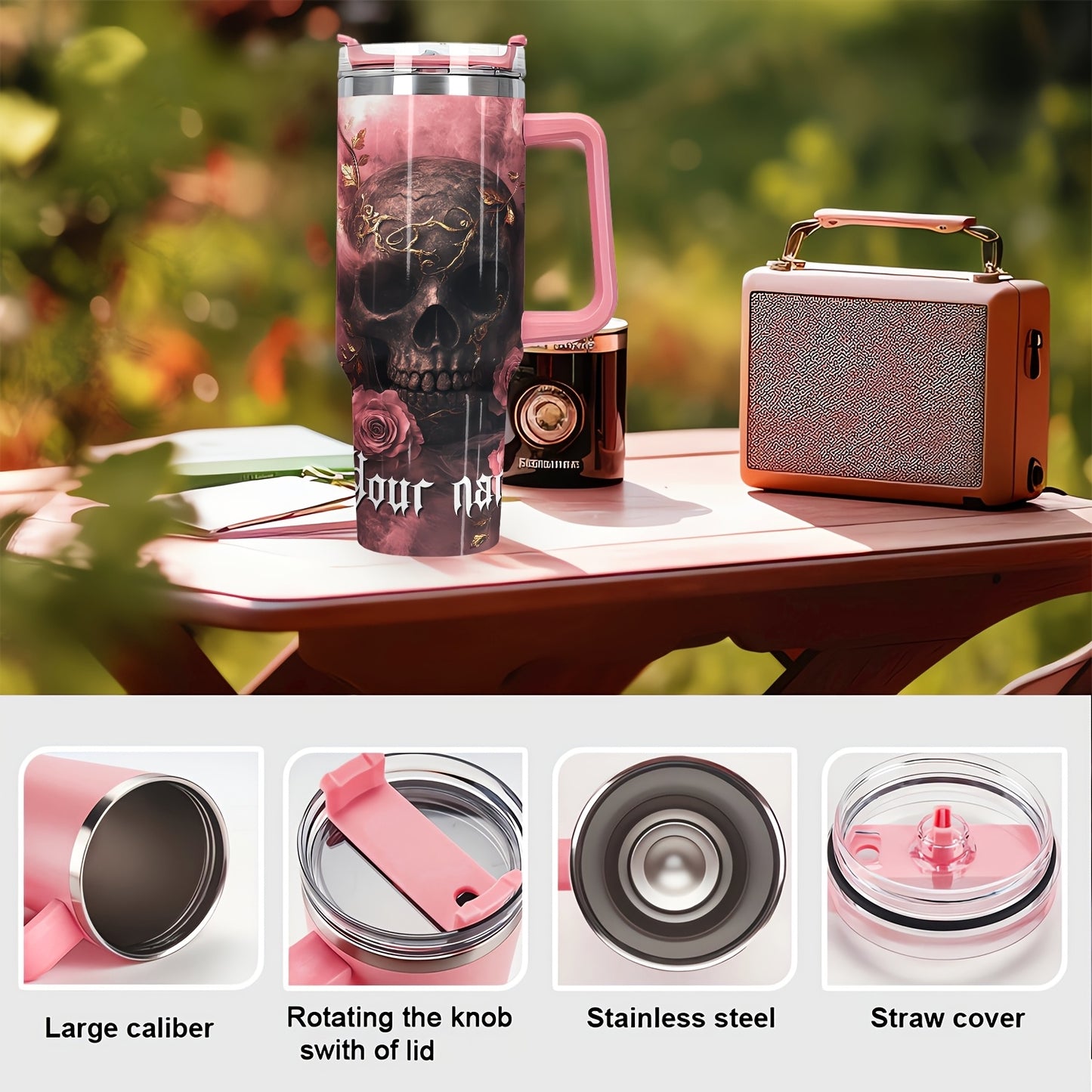1pc MISVAN Personalized Tumbler with Lid - Custom Name Pink Golden Rose Skull Print 40oz Stainless Steel Insulated Water Bottle, BPA-Free Hot & Cold Drinkware for Outdoor Travel, Mother's Day Father's Day Graduation Gifts