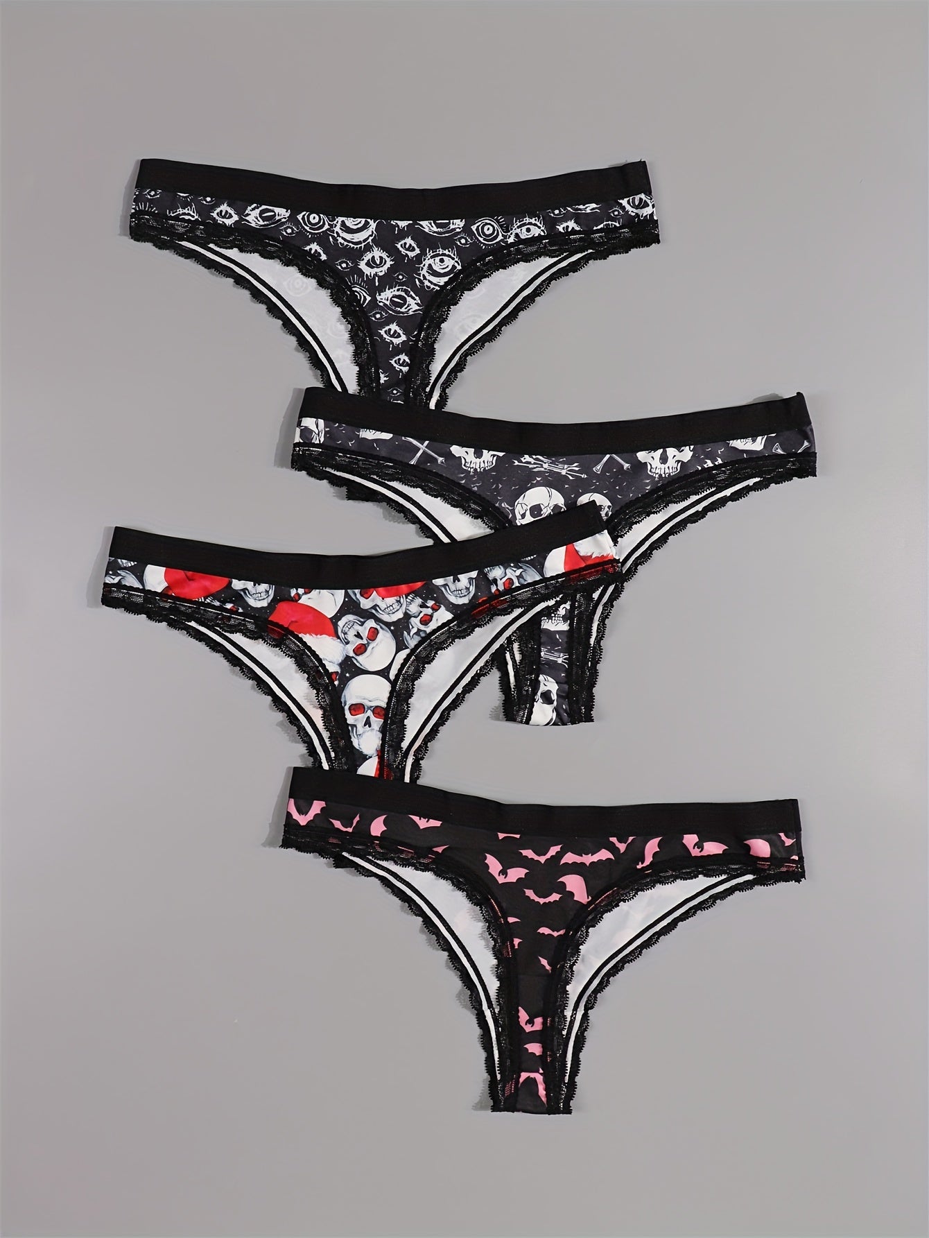 4pcs Gothic Lace Thong Panties - Black Skull & Eyeball Design with Mushrooms & Bats, Comfortable Silky Intimates for Women, Halloween-Themed Lingerie, MORVIA Brand, Halloween Lingerie | Skull Print Design | Silky Texture, Hal
