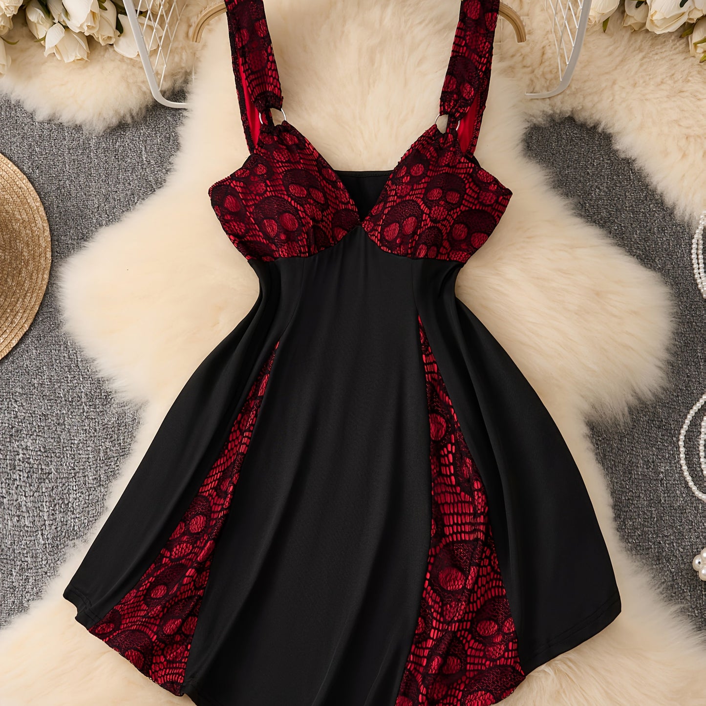 [Gothic Punk Lace Dress] Gothic Punk Lace Dress - Plus Size V-Neck Sleeveless Stretchy Black Dress with Skull Head Detail | Perfect for Parties and Events, Women's Gothic Dresses
