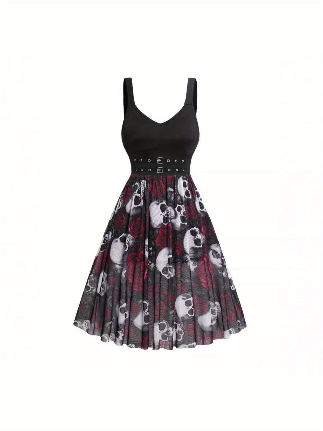 Women'S Halloween Party Dress - Gothic Skull Floral print in Black/Red/, Sleeveless V-Neck Formal Costume, Easy-to-Wear Party Outfit for Halloween, Gothic Events & Themed Parties - Adult Women'S Halloween Attire, Halloween Cl