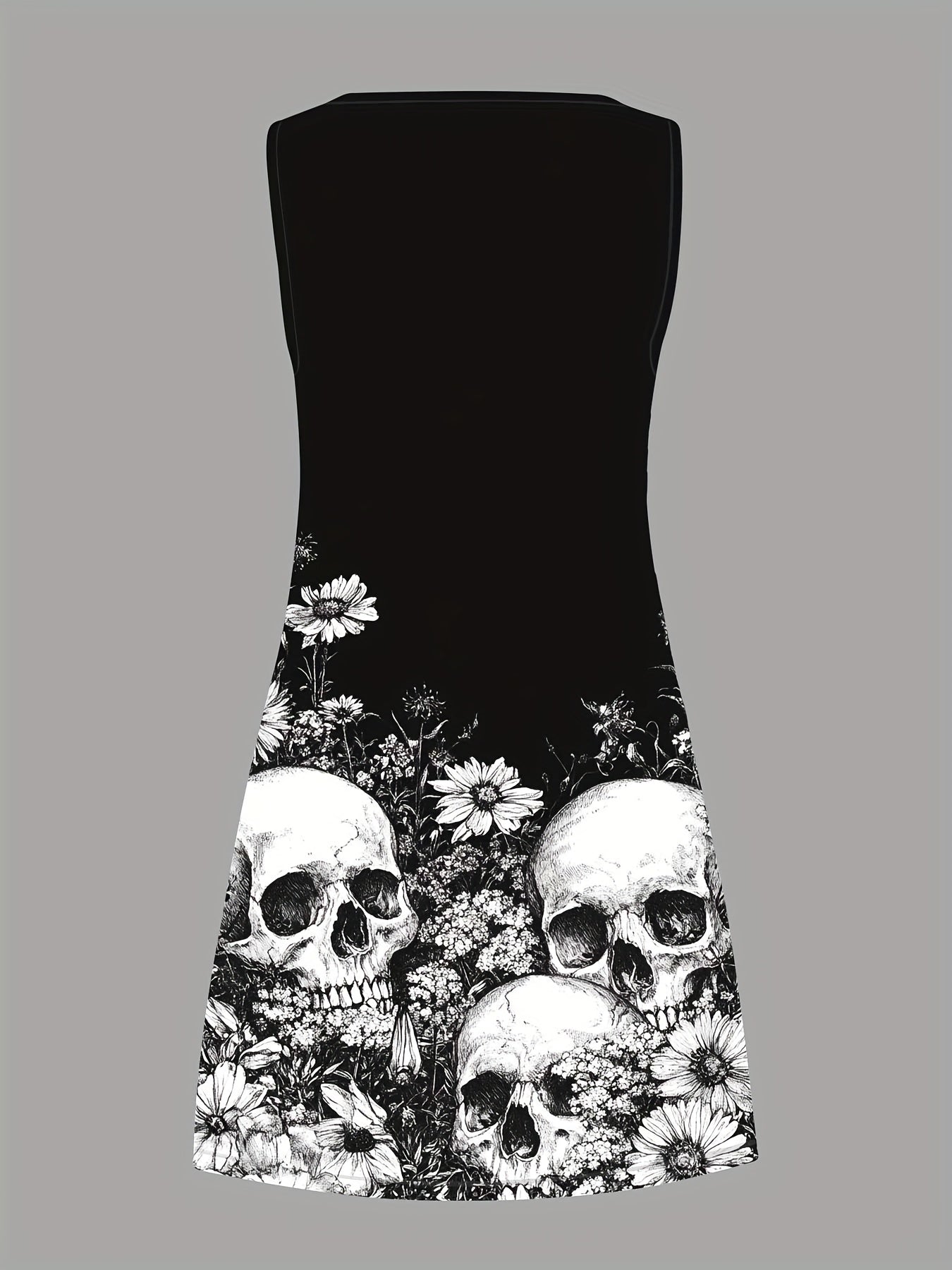 [Gothic Skull Dress] Gothic Skull Print Party Dress - Women's Sleeveless Halloween Costume, Lightweight Stretchy A-Line Skirt, Non-See-Through Fabric, Machine Washable Gothic Outfit (Plus Size Available) - Perfect for Hallowe