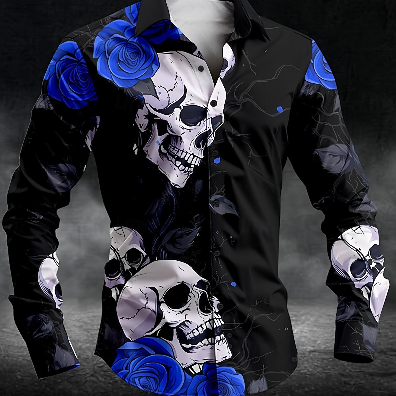 Men'S Gothic Skull & Rose Print Long Sleeve Shirt - Black with White & Blue Gothic Design, Pointed Collar Button Front, Machine Washable All-Season Casual & Formal Wear, Bold Statement Shirt for Themed Events, Parties, Everyd