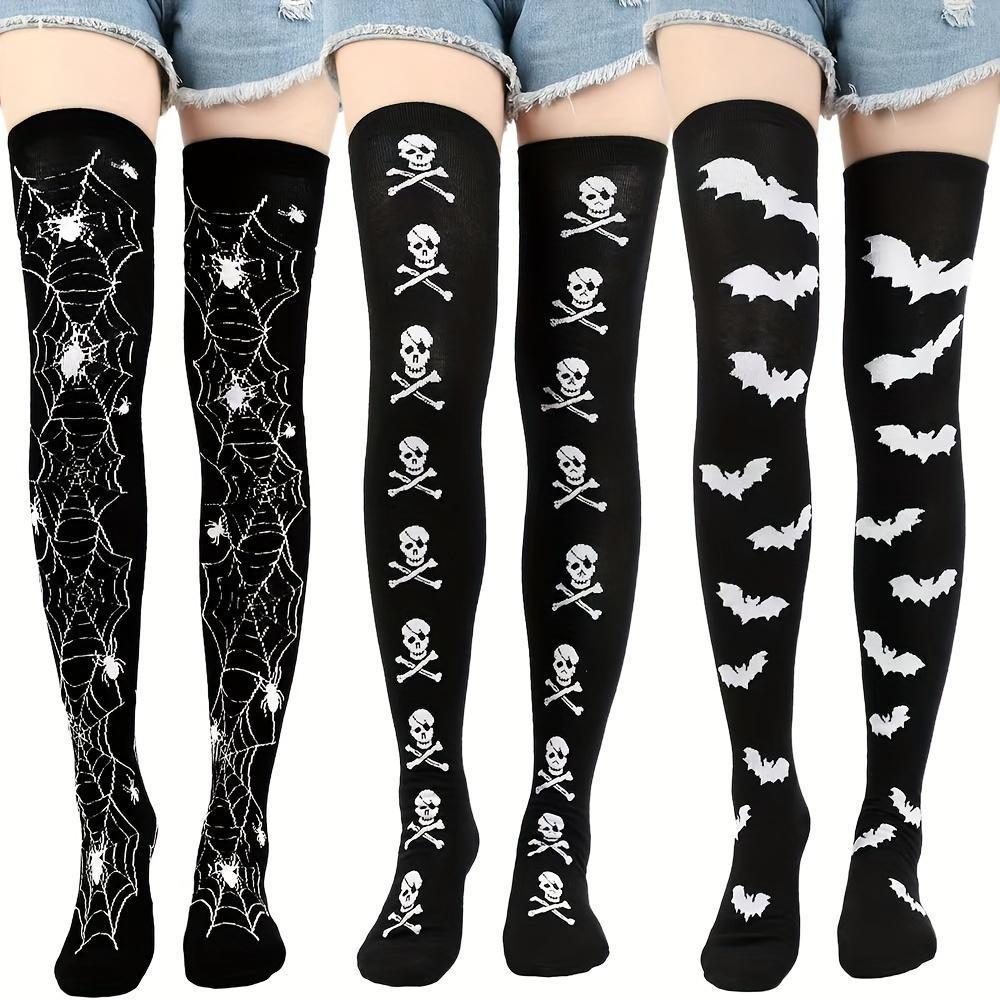 [Halloween-themed Women's socks] 3 pairs of Halloween-themed skull and bat full-body print funny Women's over-the-knee socks, soft, comfortable, tight and high-stretch socks, suitable for parties and daily wear
