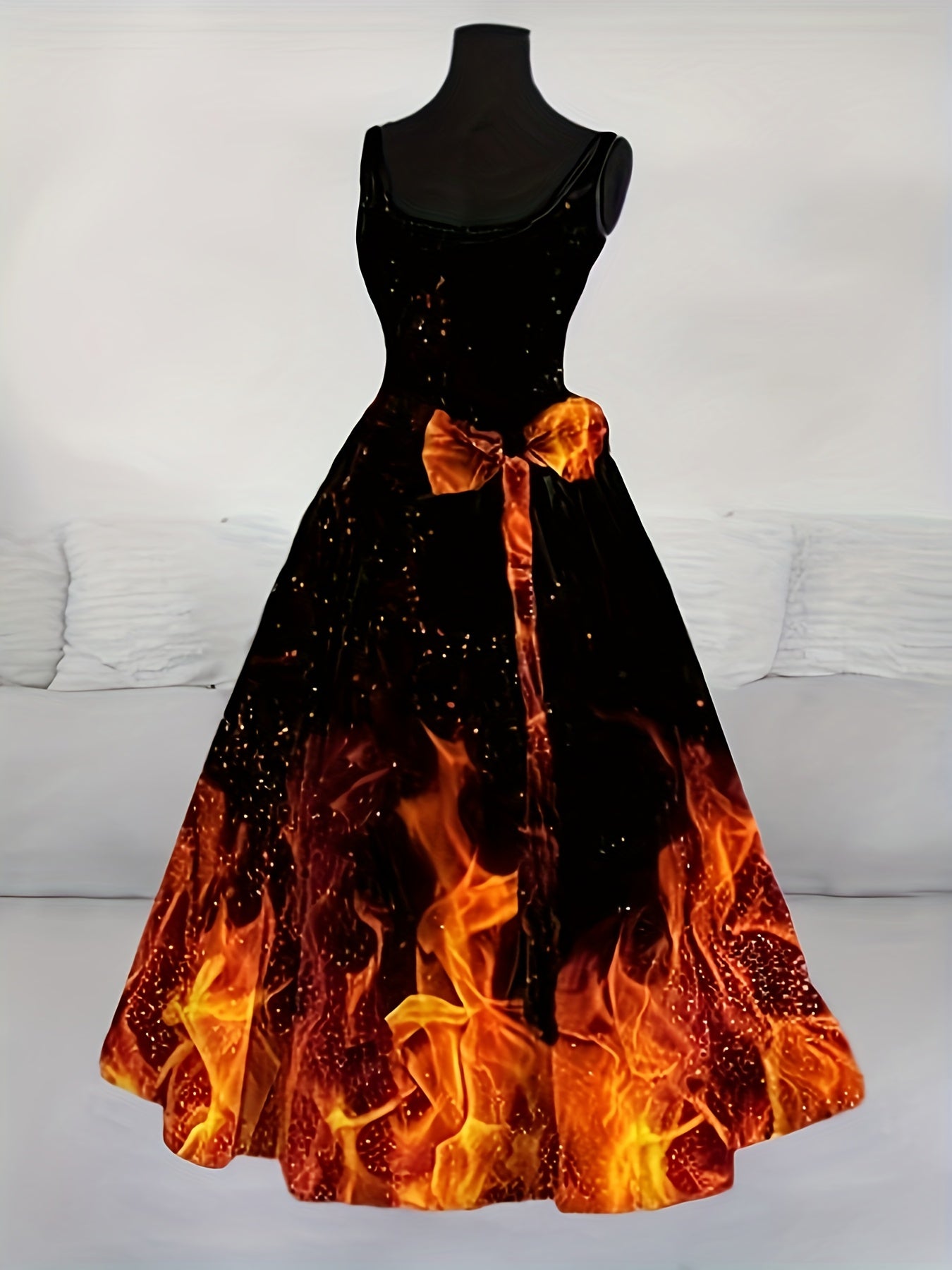 Women'S Halloween Party Dress - Flamingo-like Flame Print in Orange/Red/Black - Formal & Costume Events - Flared Skirt with Waist-Cinching - Retro Gothic Party Outfit for Halloween, Themed Parties - Easy-to-Wear Party Attire,