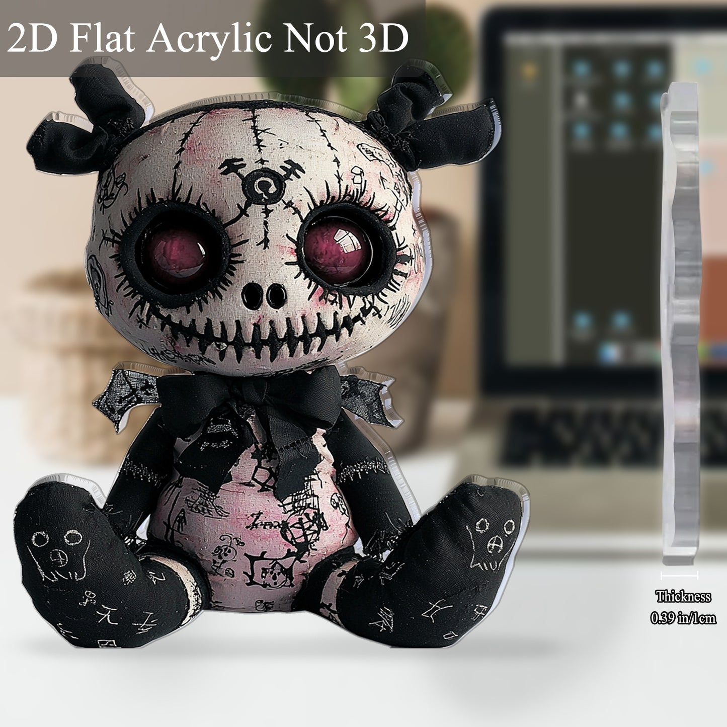 2D Flat, 1pc Horror-Themed Plush Toy Acrylic Desktop Decoration - Gothic Spooky Halloween Decor, 5.91"x5.11" 2D Flat Print with Skull & Bat Design, No Batteries Needed for Office, Bar, Cafe, Friend Gift, 2D Flat