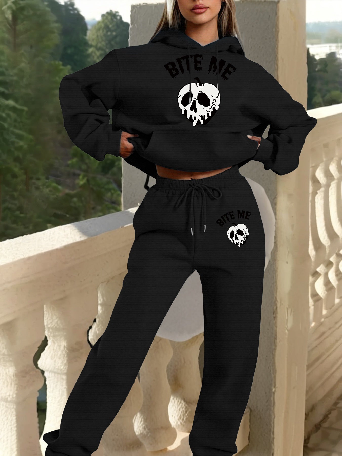 Women'S Gothic Hoodie & Sweatpants Set - Black with White Skull Graphic, Matching Outfit for Halloween, Gothic Clothing, Casual Winter Wear - Cozy Fall/Winter for Everyday & Themed Events, Goth Hoodie, Halloween Apparel, Comf