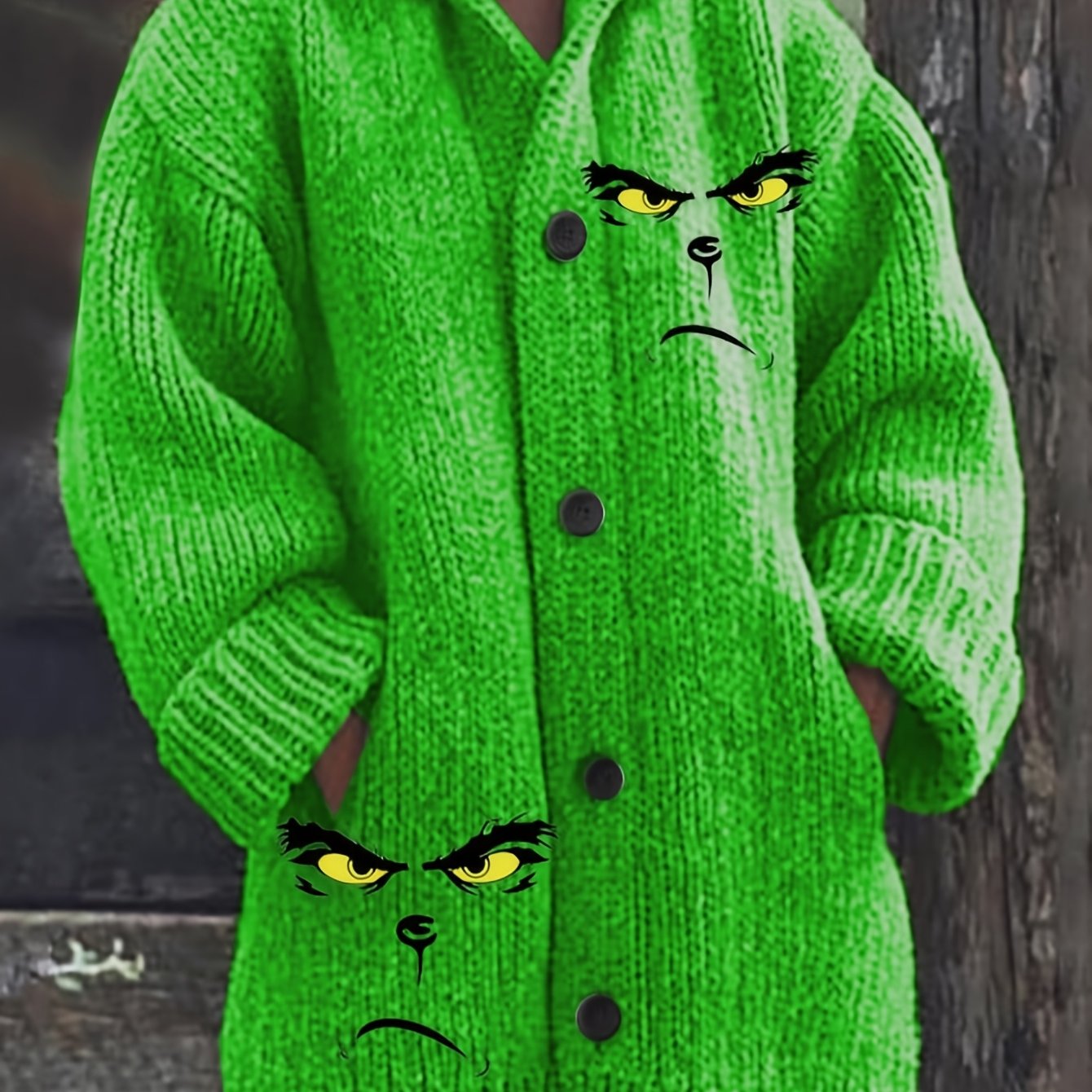 Women's Neon Green Hooded Sweater with Hat - Oversized Loose-Fit Long Sleeve Button-Front Cardigan, Vibrant Lime Green Winter Sweater for Casual & Halloween Outfits, Cozy Fall Winter Sweater for Layering, H-Line Silhouette, C