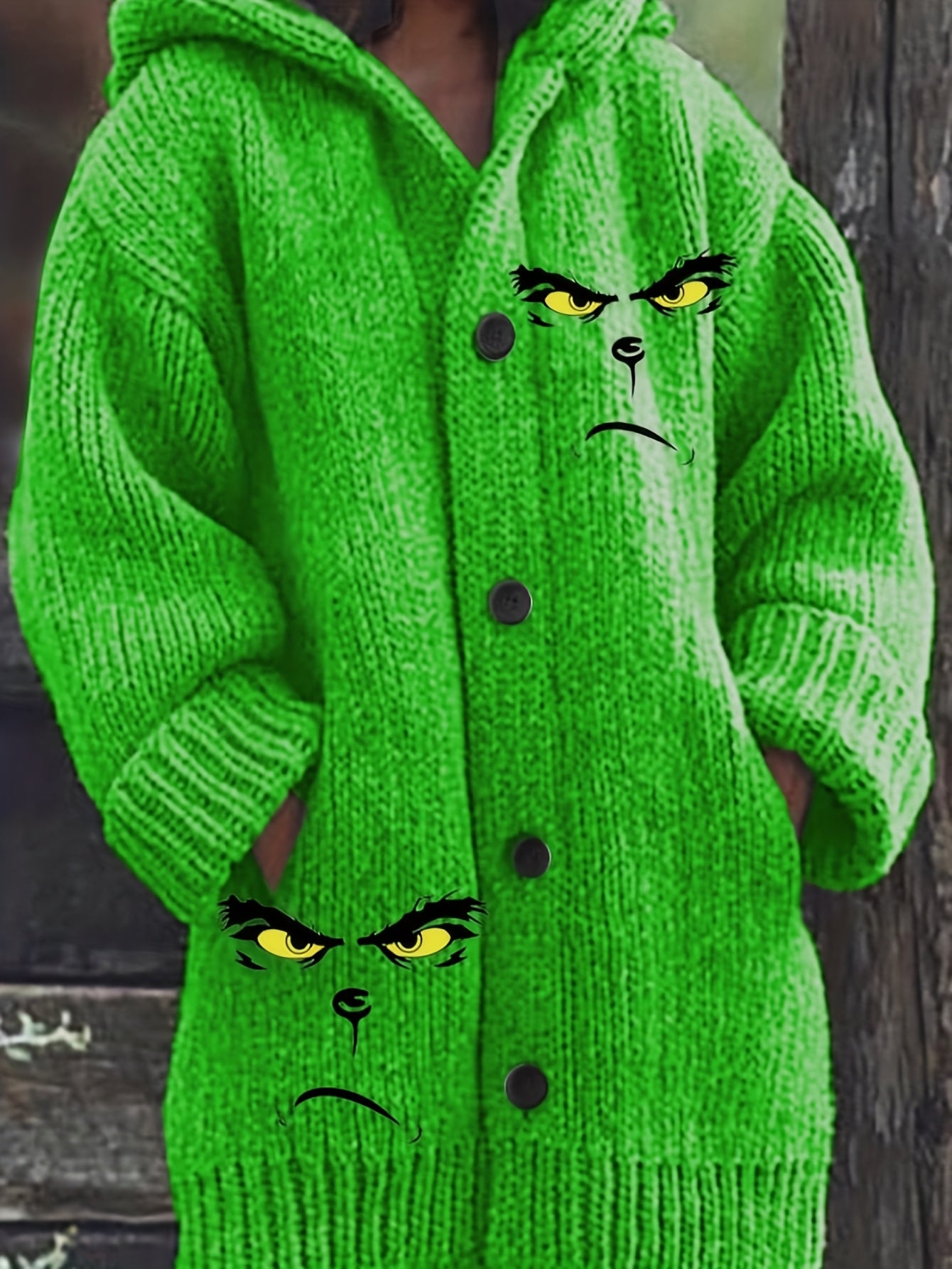 Women's Neon Green Hooded Sweater with Hat - Oversized Loose-Fit Long Sleeve Button-Front Cardigan, Vibrant Lime Green Winter Sweater for Casual & Halloween Outfits, Cozy Fall Winter Sweater for Layering, H-Line Silhouette, C