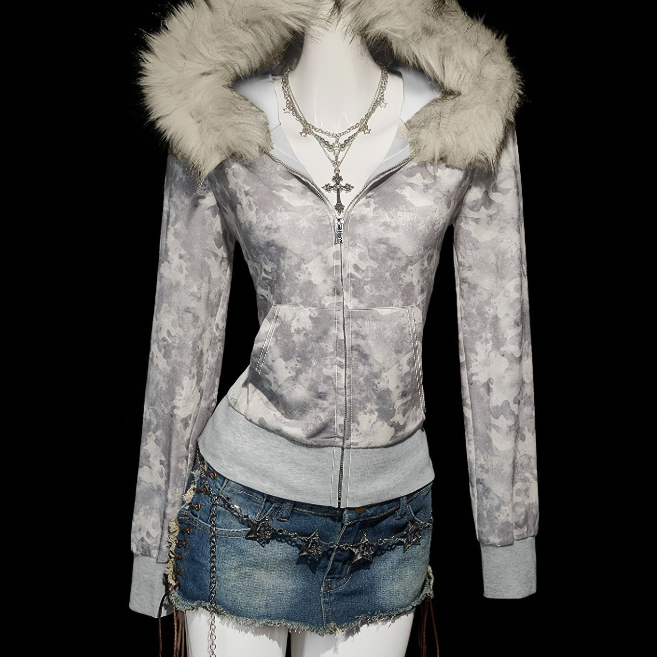 Women's Vintage Camouflage Full-Zip Hooded Jacket with Full-Length Zipper Closure, Faux-Fur Trim & Full-Length Chain Strap - Winter Warm Outerwear, Machine Washable, Brown/Gray/Black/Beige Camo Pattern, Retro Style Long Sleev
